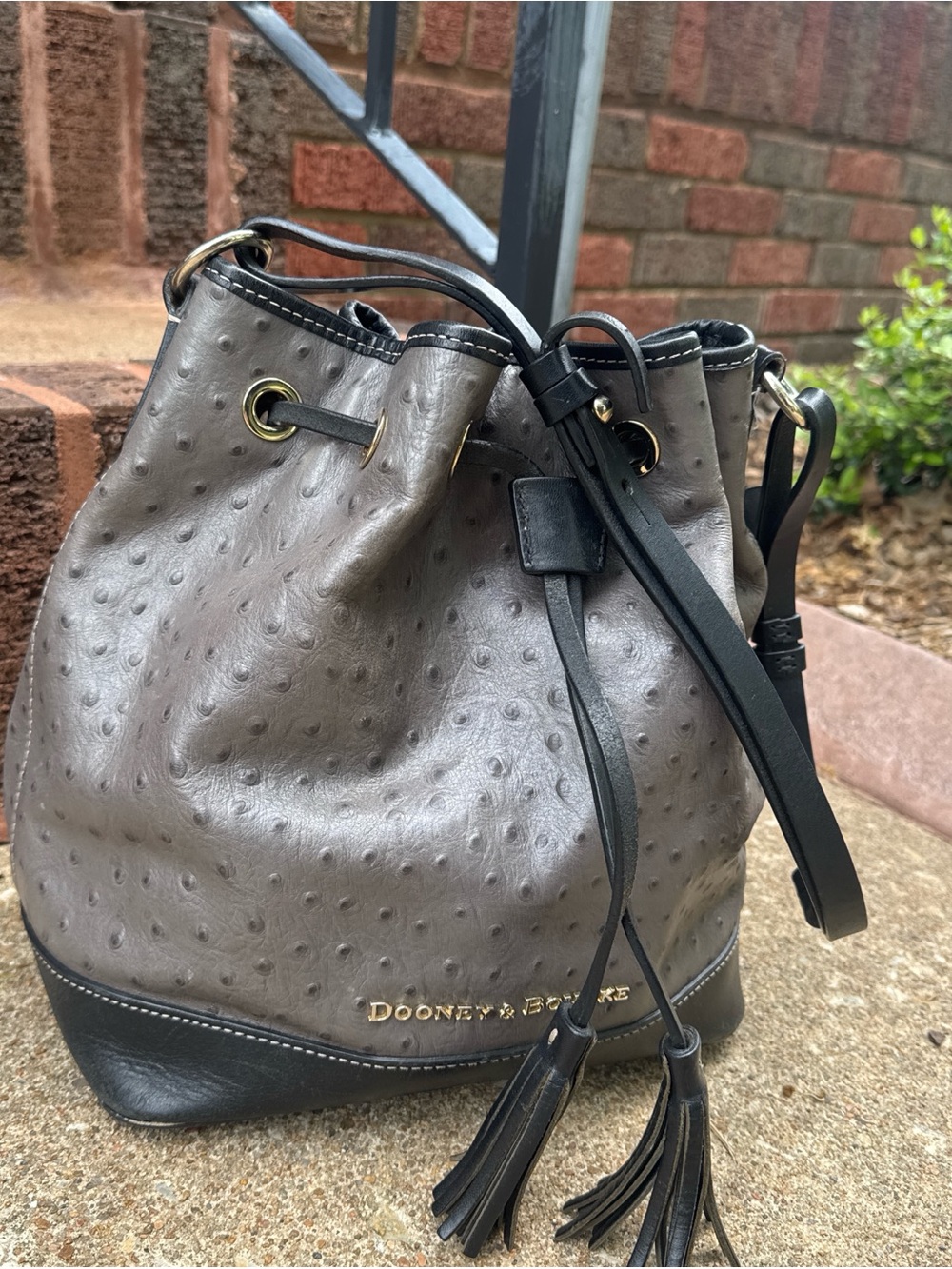 Dooney & Bourke Gray Leather Drawstring Bucket Bag with Black Trim